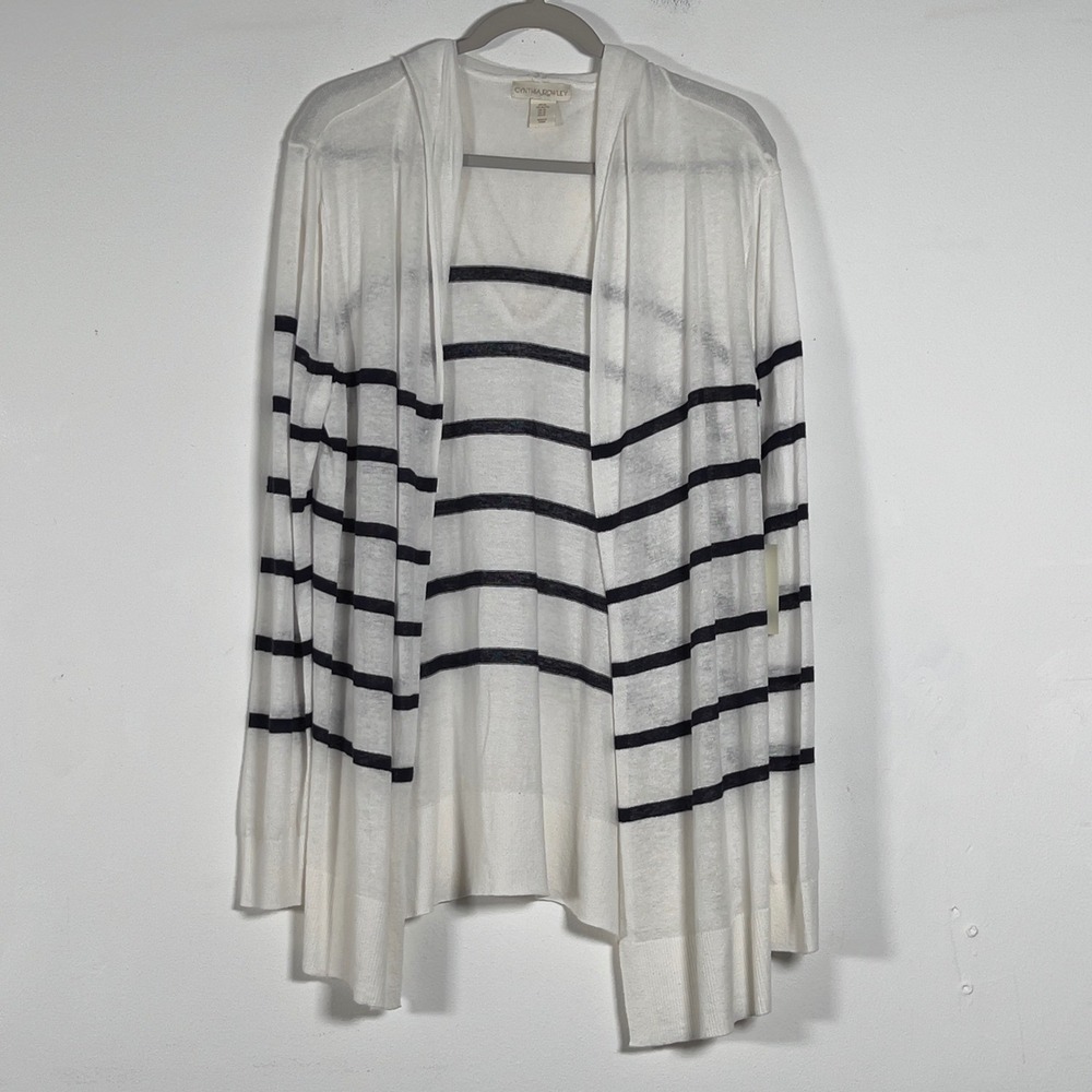 Cynthia Rowley Linen Blend Hooded Open Cardigan Womens XL White Navy Striped NWT